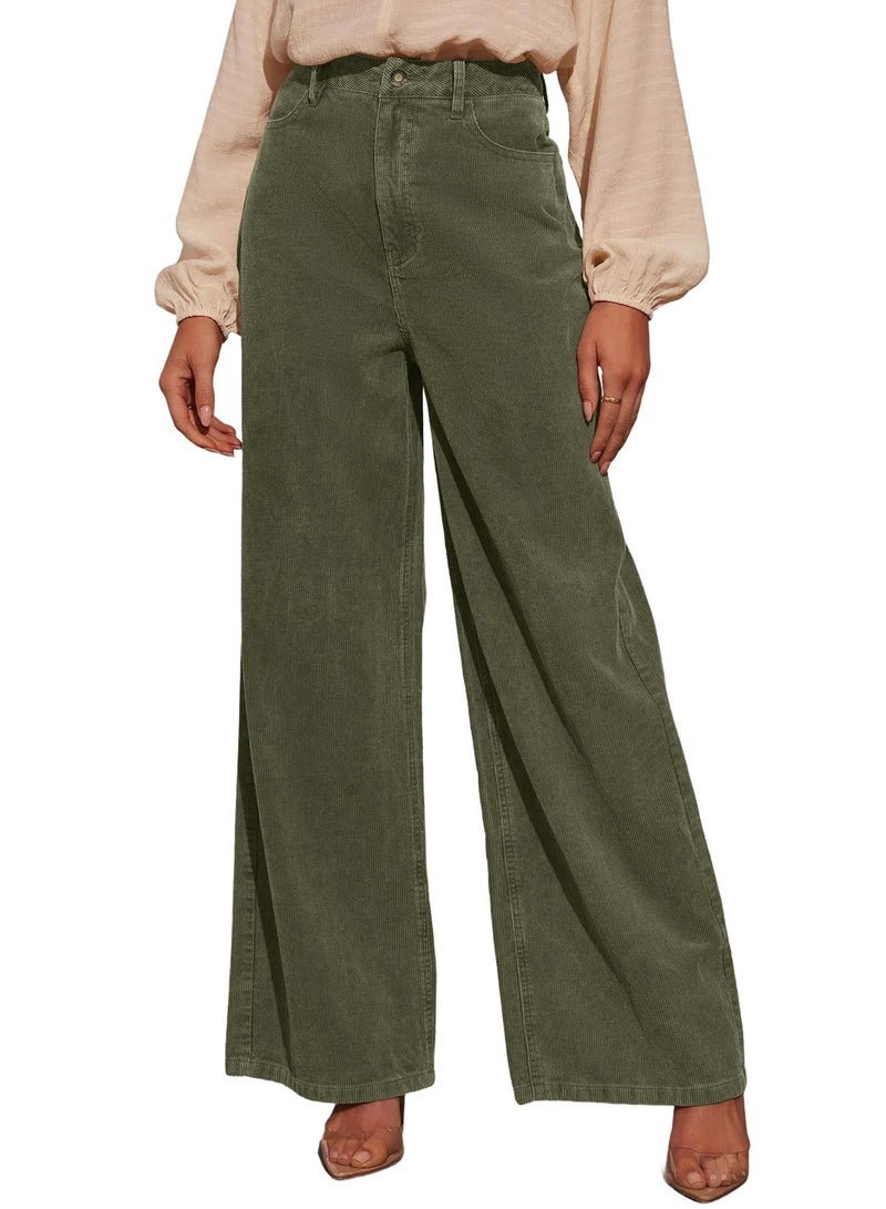 Sidefeel Women's Corduroy Pants Casual High Waisted Wide Leg Elastic Waist Loose Trousers with Pockets Green Small - Image 1