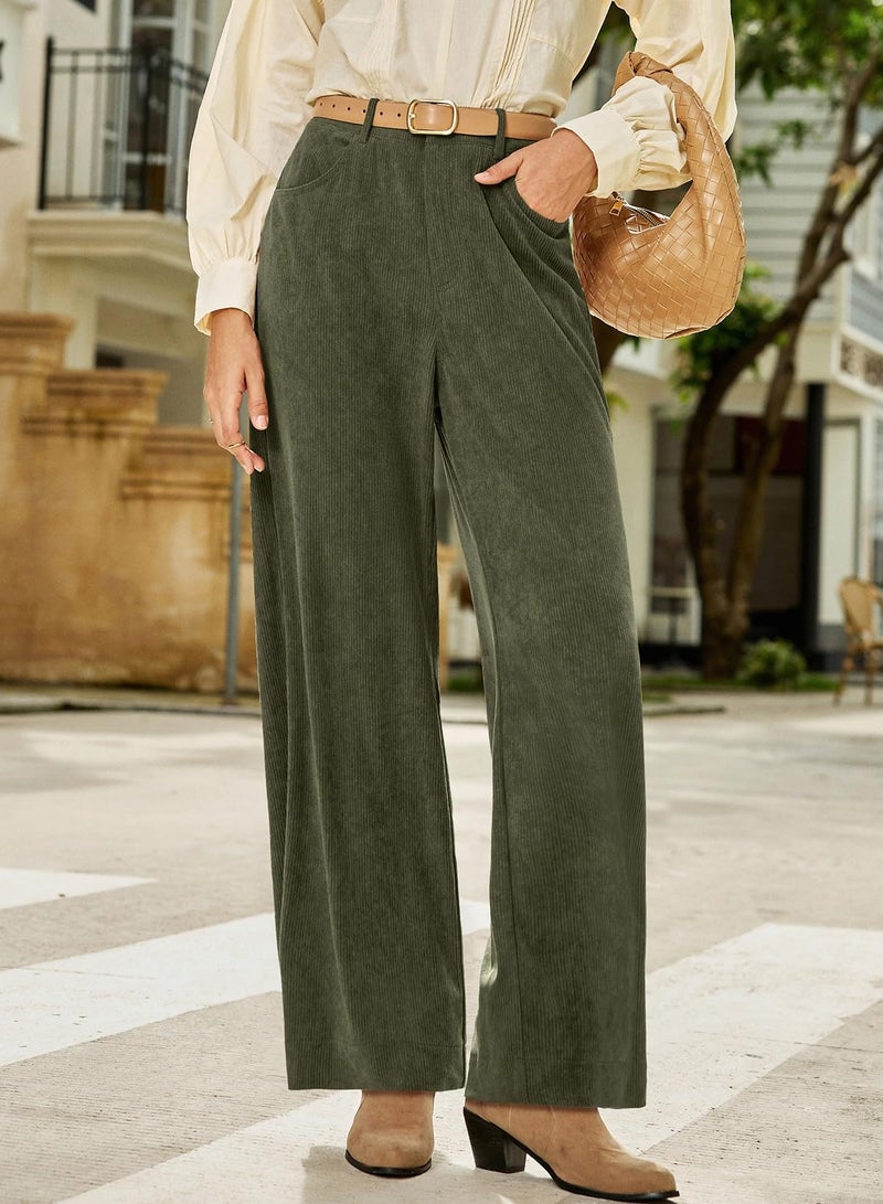 Sidefeel Women's Corduroy Pants Casual High Waisted Wide Leg Elastic Waist Loose Trousers with Pockets Green Small - Image 4