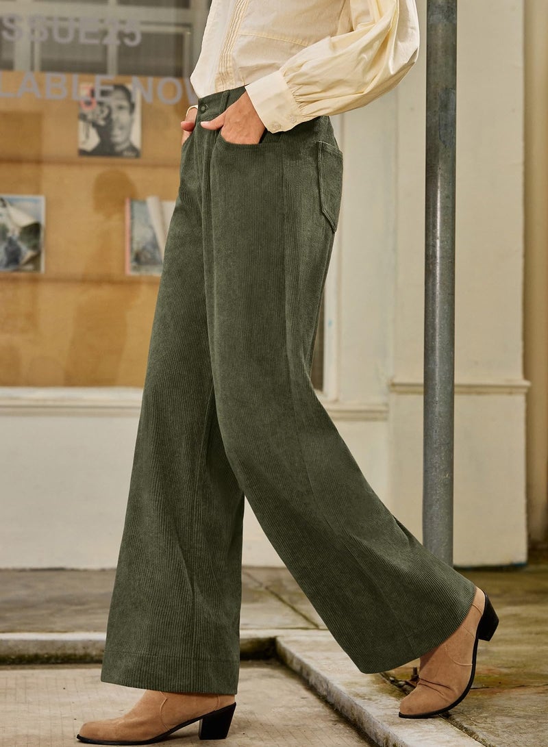 Sidefeel Women's Corduroy Pants Casual High Waisted Wide Leg Elastic Waist Loose Trousers with Pockets Green Small - Image 3