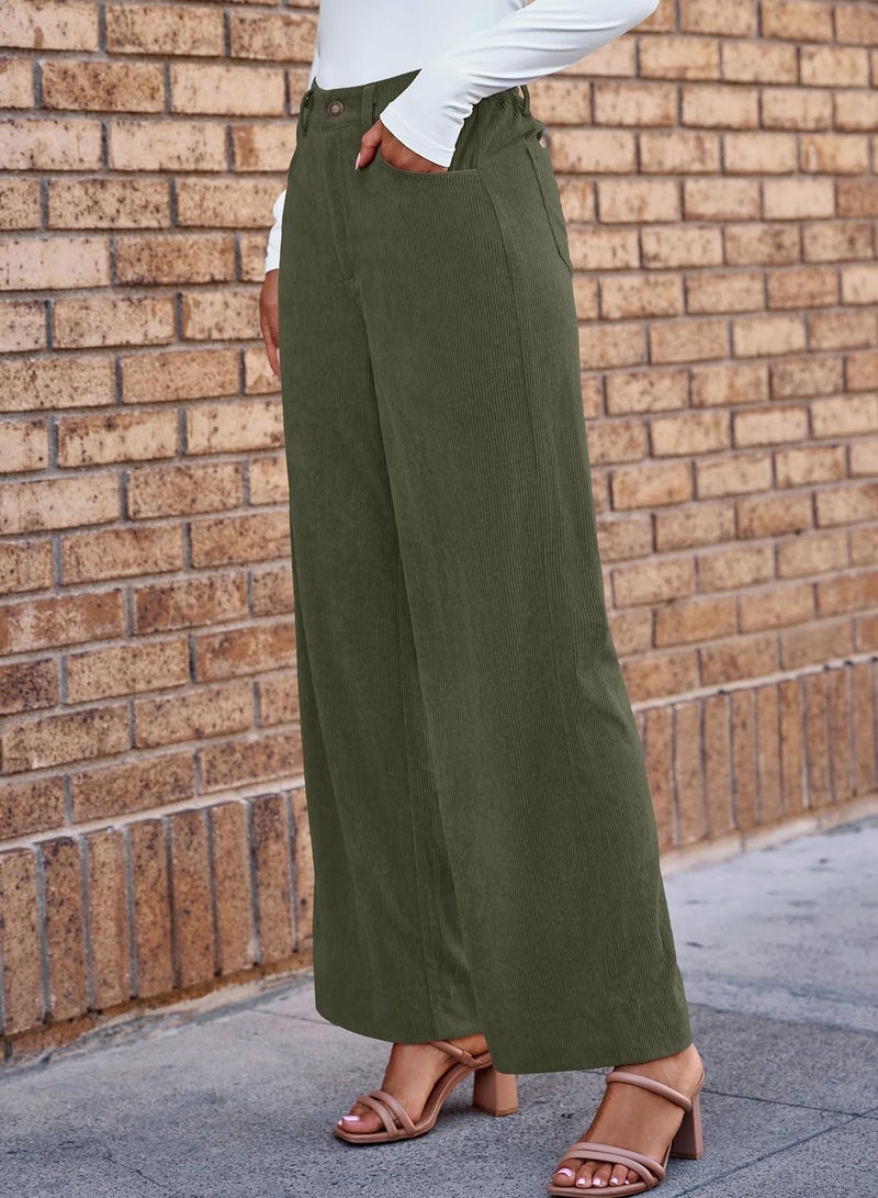 Sidefeel Women's Corduroy Pants Casual High Waisted Wide Leg Elastic Waist Loose Trousers with Pockets Green Small - Image 5
