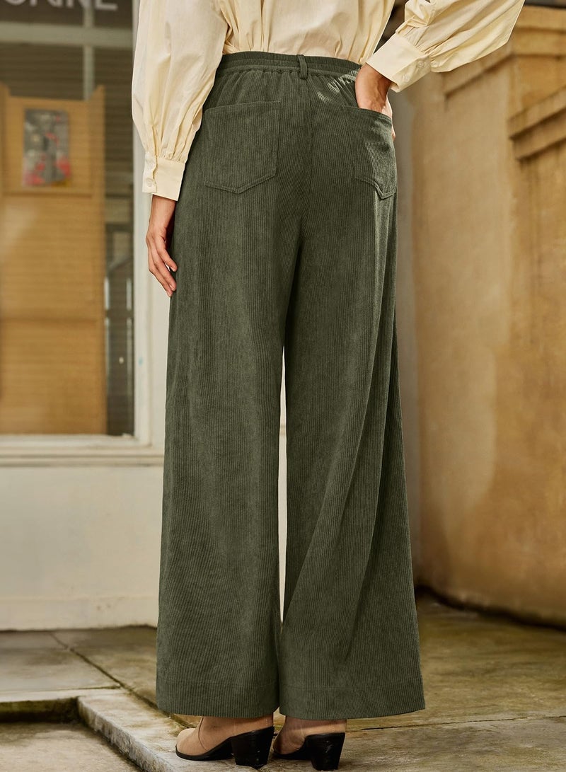 Sidefeel Women's Corduroy Pants Casual High Waisted Wide Leg Elastic Waist Loose Trousers with Pockets Green Small - Image 2