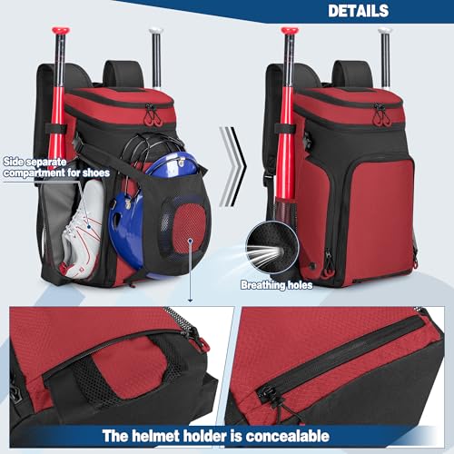 Smasrob Baseball Bag for Adult and Youth, Baseball Backpack Softball Bag with Helmet Holder, Shoe Compartment and Fence Hook, Red - Image 2