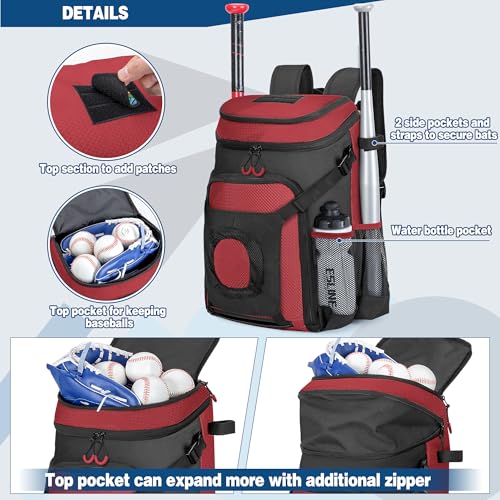 Smasrob Baseball Bag for Adult and Youth, Baseball Backpack Softball Bag with Helmet Holder, Shoe Compartment and Fence Hook, Red - Image 4