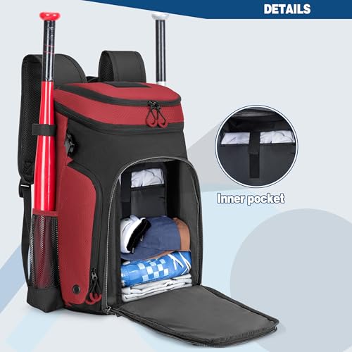 Smasrob Baseball Bag for Adult and Youth, Baseball Backpack Softball Bag with Helmet Holder, Shoe Compartment and Fence Hook, Red - Image 3