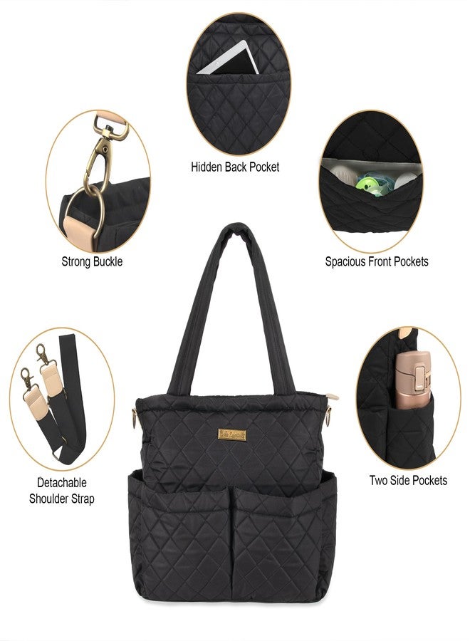 Baby Essentials Quilted Diaper Bag Crossbody Tote Purse with Shoulder Strap, Changing Pad, 10 Organizer Pockets for Twins or Triplets (Black) - Image 5