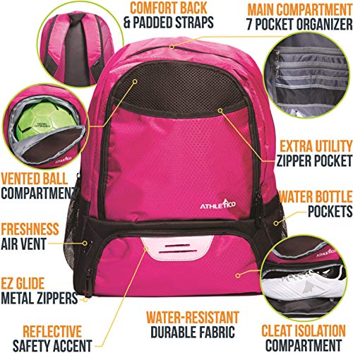 Athletico Youth Soccer Bag - Soccer Backpack & Bags for Basketball, Volleyball & Football | Includes Separate Cleat and Ball Compartment (Pink) - Image 2