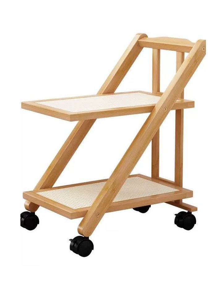 LINGWEI Bamboo Kitchen Trolley – Foldable 2-Tier Serving Cart with Lockable Casters, & Solid Wood Countertop – Stylish, Modern Storage Solution on Wheels  - Image 3