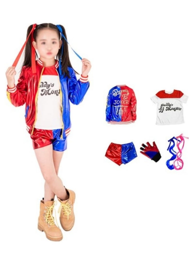 Jorunb Quinn Cosplay Costumes for Kids, Girls Villain Costume Kit Include Jacket, T-Shirt, Shorts and Glove, Hair Bundle for Carnival Cosplay - Image 1