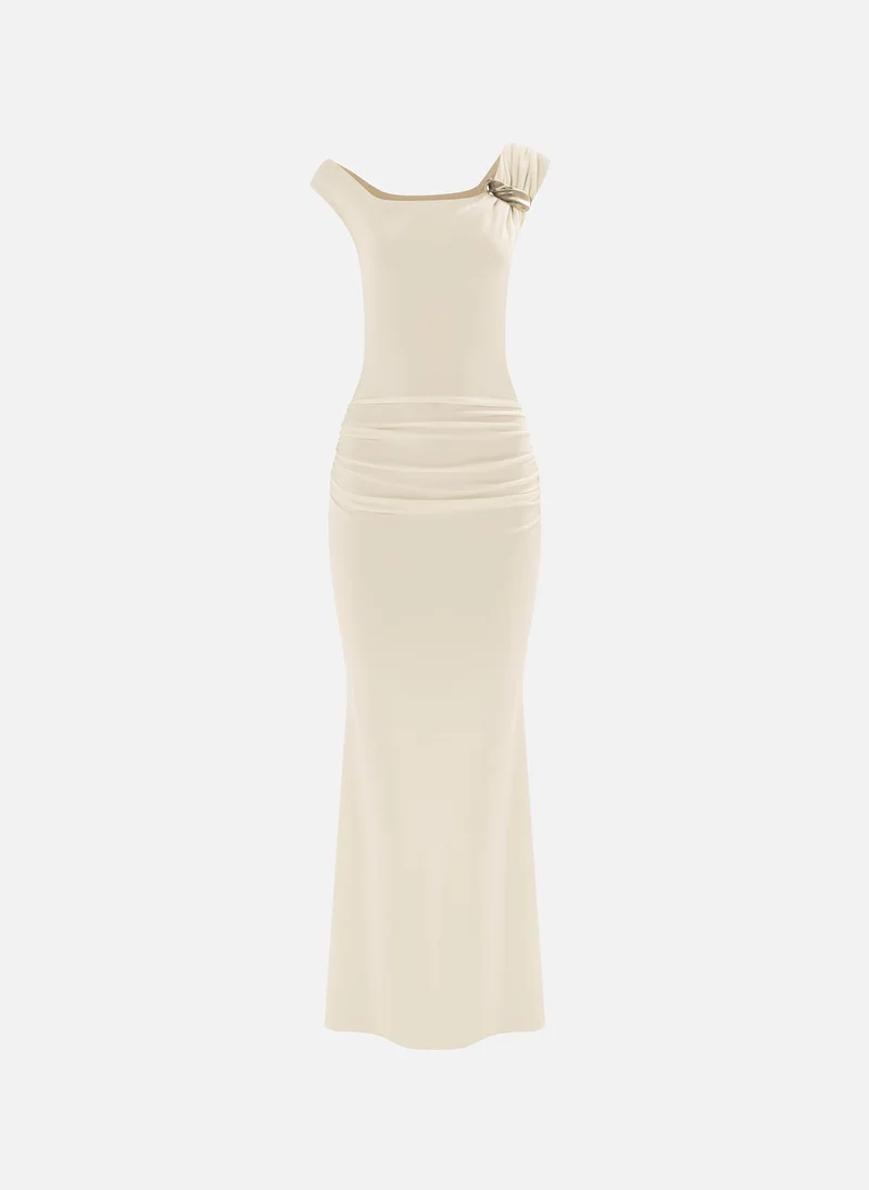 Lichi Maxi dress with asymmetrical straps and golden decor