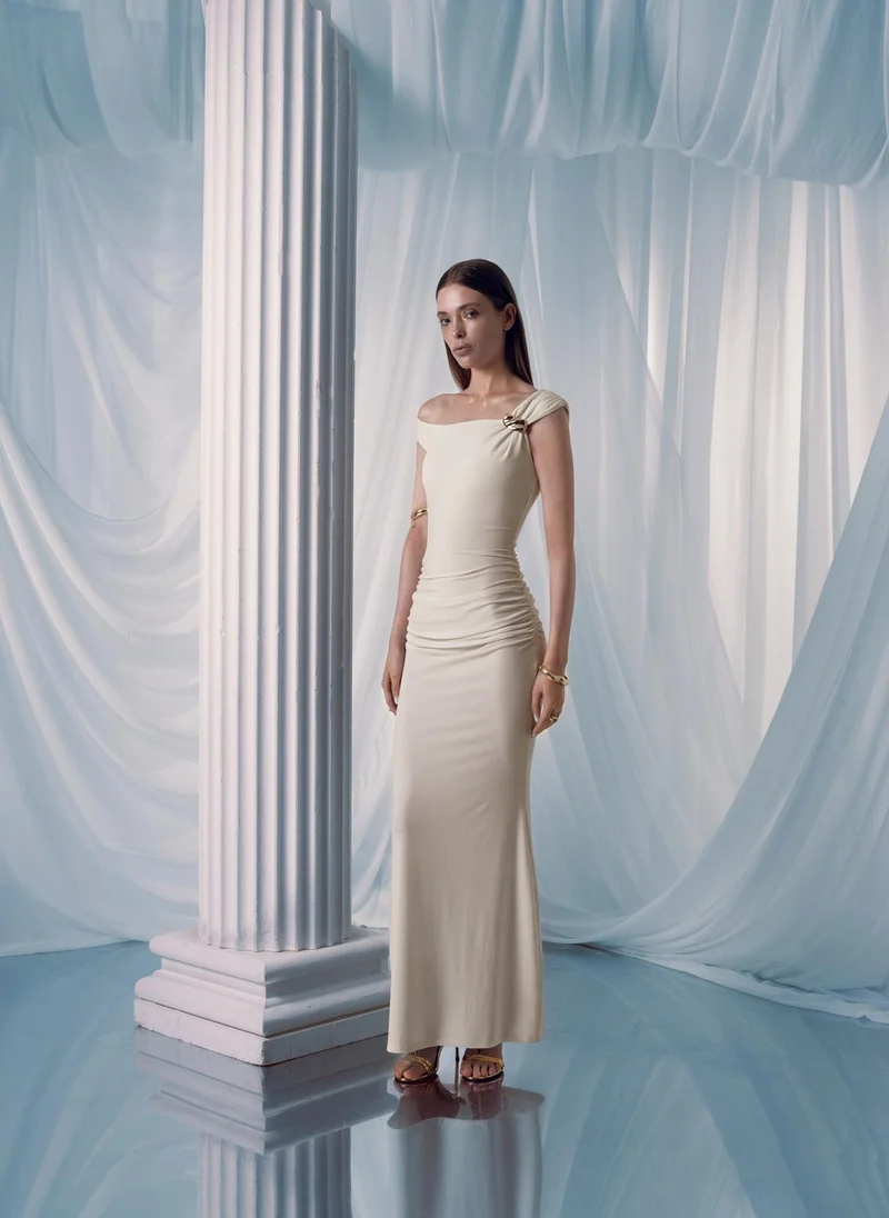 Lichi Maxi dress with asymmetrical straps and golden decor