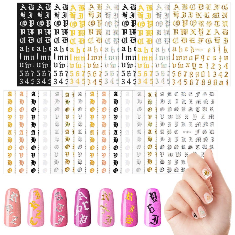Maitys 24 Sheets Letters for Nails Old English Nail Stickers 3D Holographic Letter SelfAdhesive Gold Old English Alphabet Nail Decals for DIY WomenClassic Colors