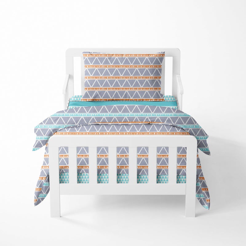 Bacati Bacati 100 Cotton Muslin AztecTribal 4 Piece Girls Toddler Bedding Set 100 Percent Cotton Includes Reversible Comforter Fitted Sheet Top Sheet and Pillow Case Triangles AquaOrangeNavy