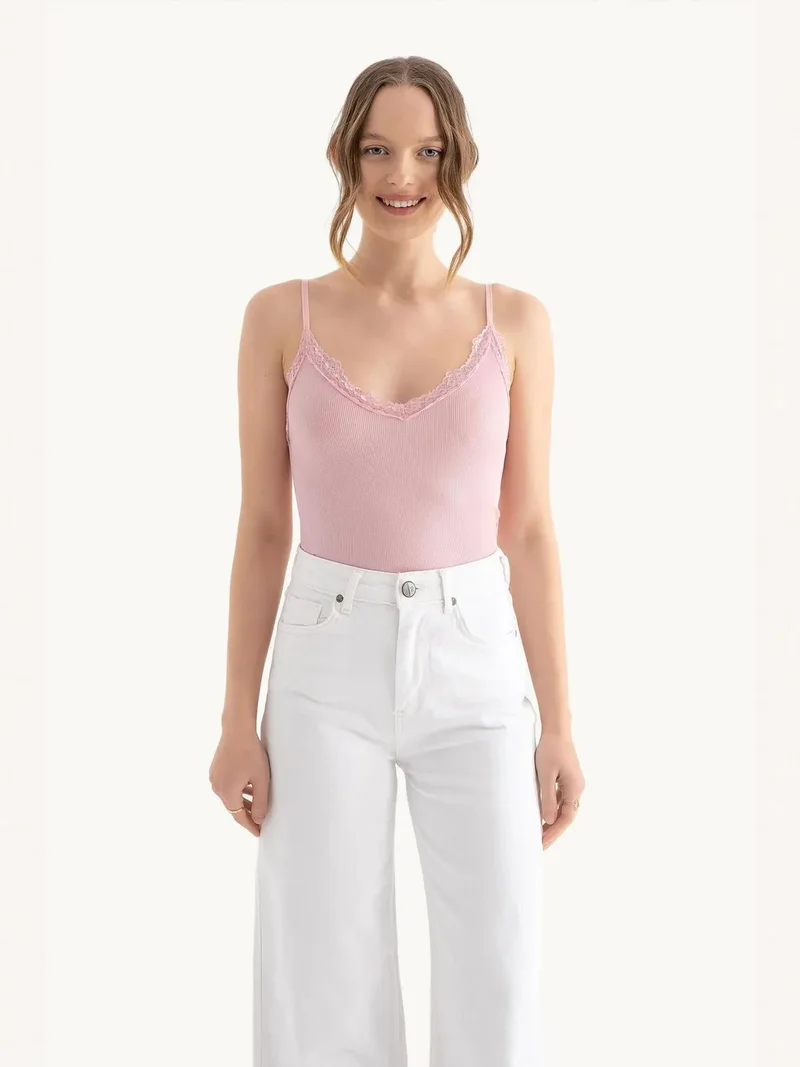 HICCUP V Neck Cropped Tank Top with a Lace Detail