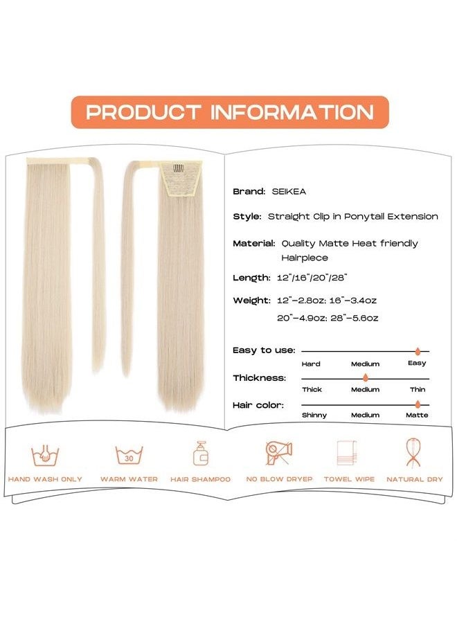 SEIKEA 28 Inch Clip in Ponytail Extension Wrap Around Long Straight Pony Tail Hair Synthetic Hairpiece for Women Color Cool Platinum Blonde  - Image 3