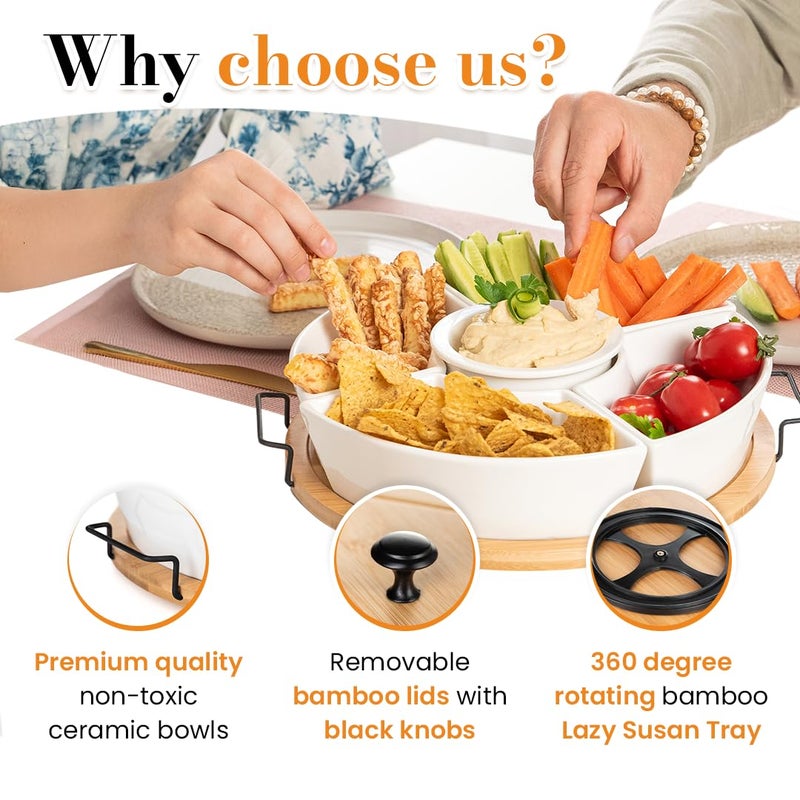 DEVA Home Design Chip and Dip Serving Set | Rotating Bamboo Lazy Susan Appetizer Tray with Black Handles | White Ceramic Bowls with Bamboo Lids | Divided Round Party Platter | Giftable - Image 5