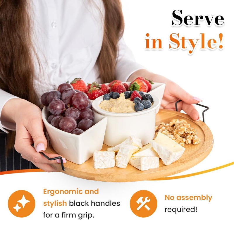 DEVA Home Design Chip and Dip Serving Set | Rotating Bamboo Lazy Susan Appetizer Tray with Black Handles | White Ceramic Bowls with Bamboo Lids | Divided Round Party Platter | Giftable - Image 3