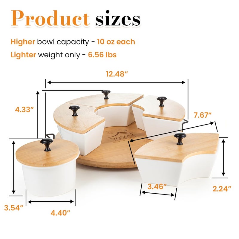 DEVA Home Design Chip and Dip Serving Set | Rotating Bamboo Lazy Susan Appetizer Tray with Black Handles | White Ceramic Bowls with Bamboo Lids | Divided Round Party Platter | Giftable - Image 4