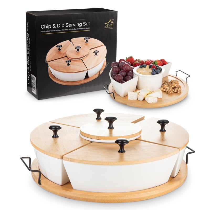 DEVA Home Design Chip and Dip Serving Set | Rotating Bamboo Lazy Susan Appetizer Tray with Black Handles | White Ceramic Bowls with Bamboo Lids | Divided Round Party Platter | Giftable - Image 1