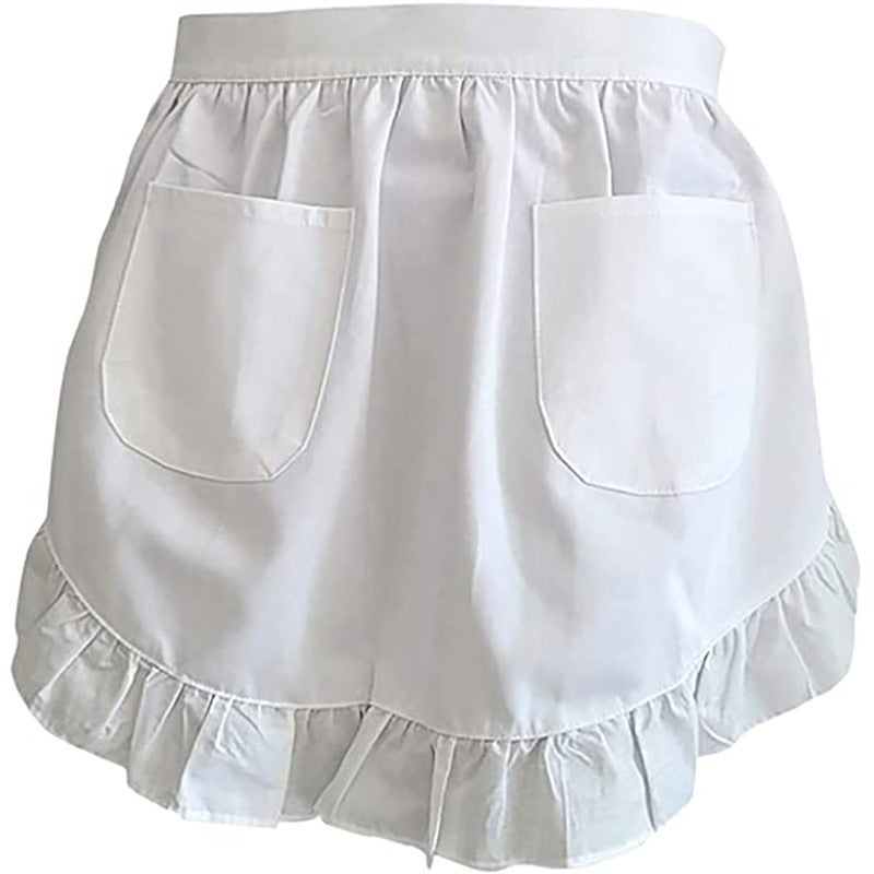 Lace Trimmed Apron Maid Outfit Home Cleaning Short White + two pockets 