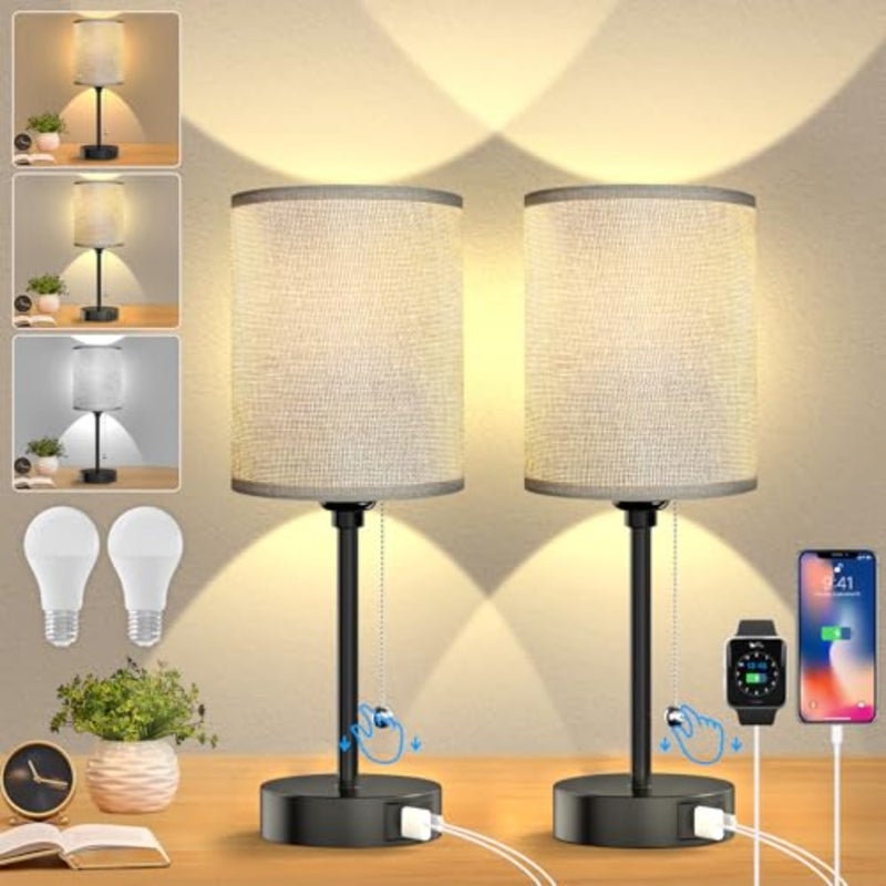 مصباح طاولة لغرفة النوم، 3 مصابيح جانبية لدرجات حرارة الألوان مع منافذ USB C وA، ومصابيح طاولة بسلسلة سحب، ومصابيح منضدة بقاعدة معدنية سوداء للقراءة - Image 2