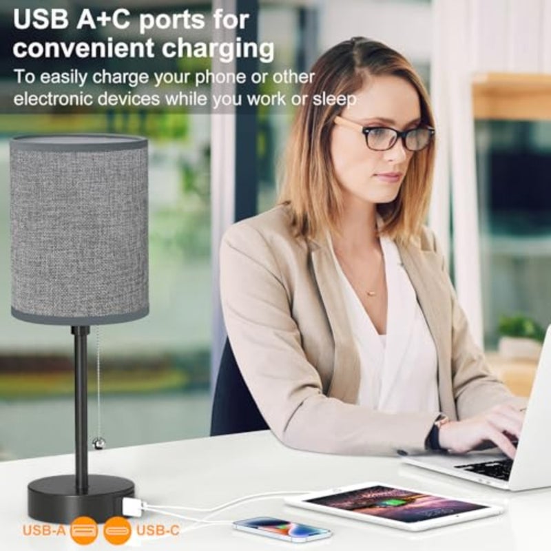 مصباح طاولة لغرفة النوم، 3 مصابيح جانبية لدرجات حرارة الألوان مع منافذ USB C وA، ومصابيح طاولة بسلسلة سحب، ومصابيح منضدة بقاعدة معدنية سوداء للقراءة - Image 4