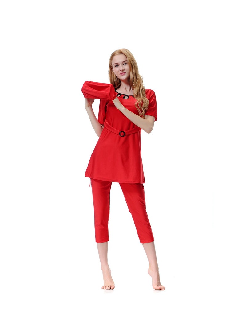 3-Piece Sun Protection Conservative Swimsuit Set Red - Image 1