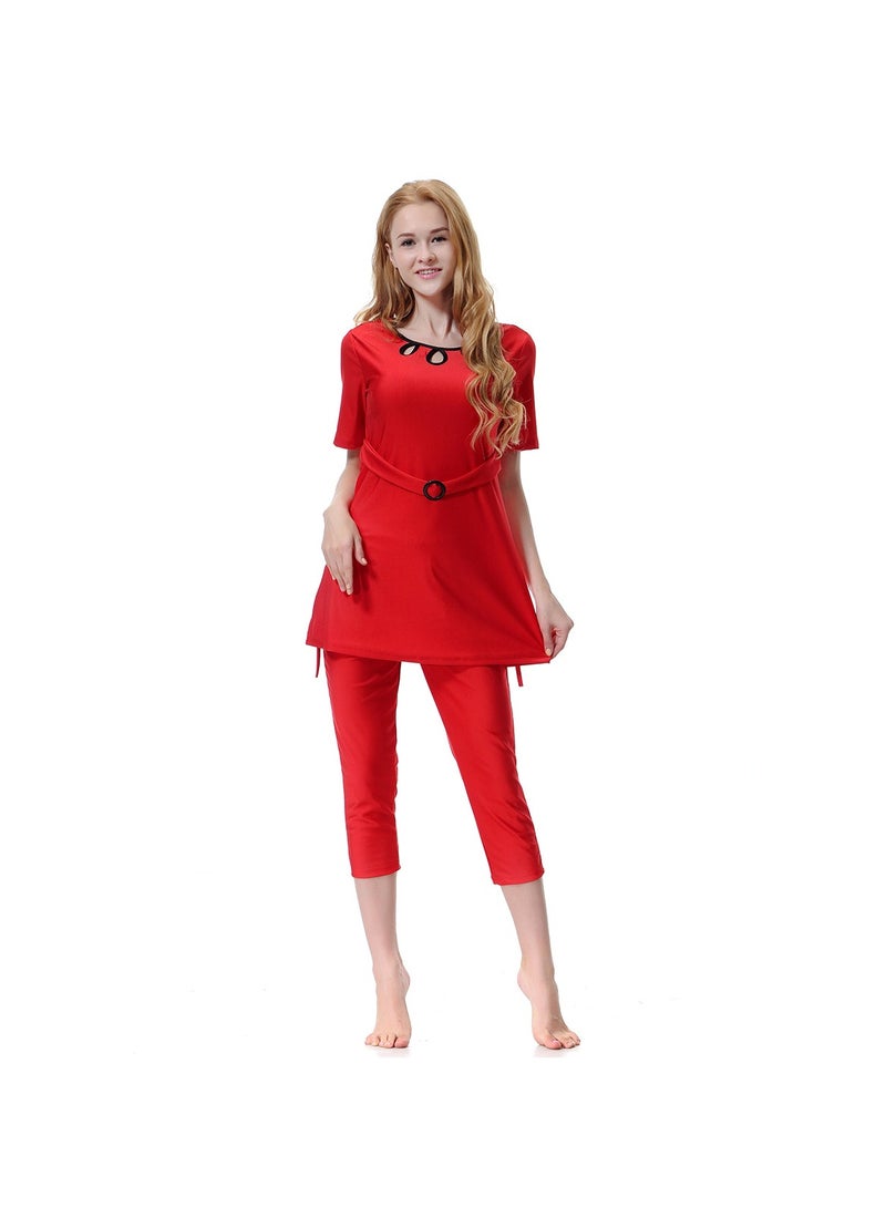3-Piece Sun Protection Conservative Swimsuit Set Red - Image 3