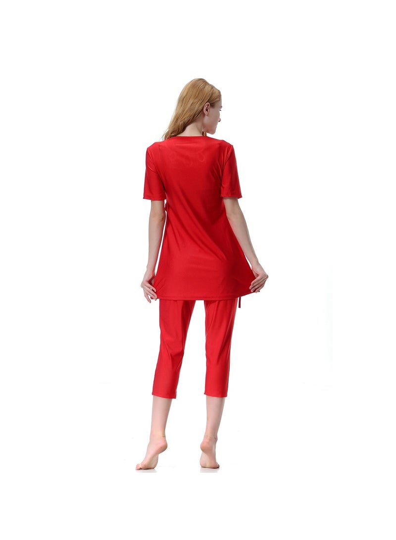 3-Piece Sun Protection Conservative Swimsuit Set Red - Image 4