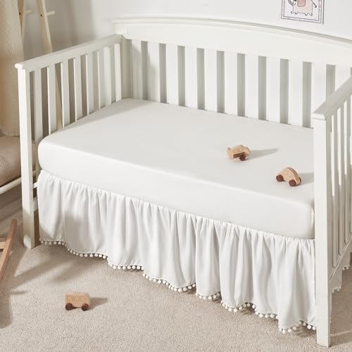 TILLYOU Baby Crib Skirt Girls Boys, Ruffled Bed Skirt with Pompoms, 28”x 52”, 14'' Drop, White - Image 1