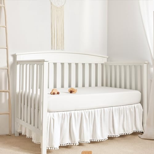 TILLYOU Baby Crib Skirt Girls Boys, Ruffled Bed Skirt with Pompoms, 28”x 52”, 14'' Drop, White - Image 2