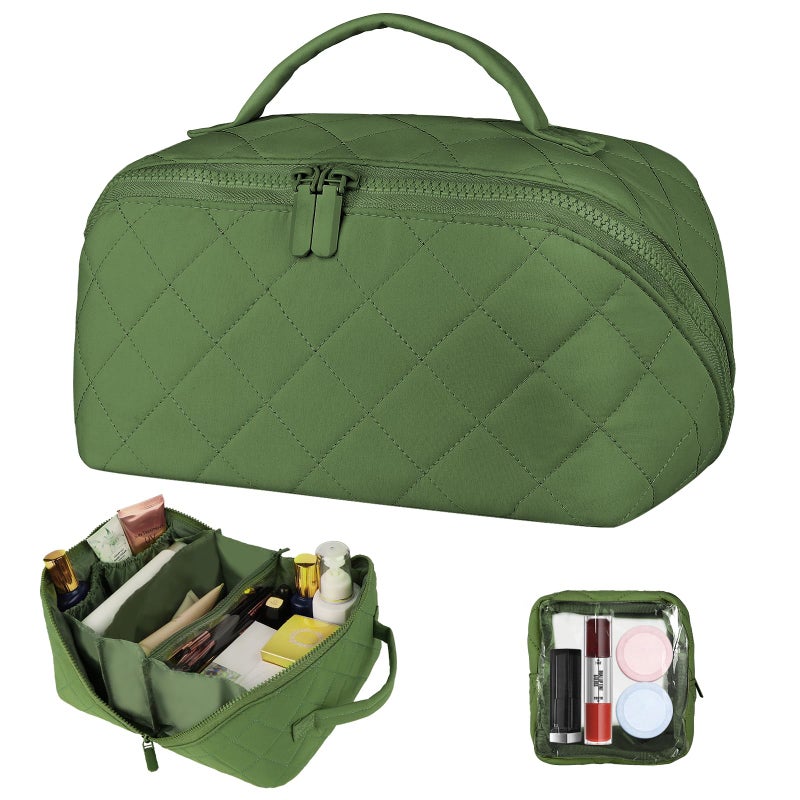 XSMNER Travel Makeup Bag, Festivalment Wide Open Lay-Flat Water-Resistant Cosmetic Case, Puffy Padded Organizer for Toiletries & Brushes Large Capacity with Compartments - Image 1
