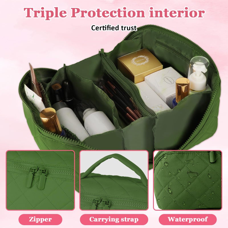 XSMNER Travel Makeup Bag, Festivalment Wide Open Lay-Flat Water-Resistant Cosmetic Case, Puffy Padded Organizer for Toiletries & Brushes Large Capacity with Compartments - Image 3