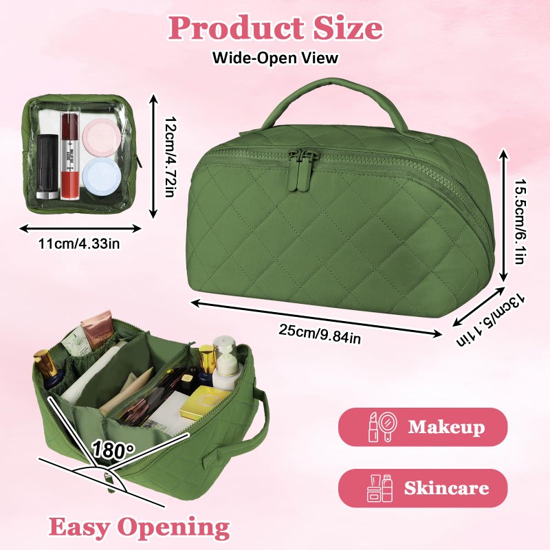 XSMNER Travel Makeup Bag, Festivalment Wide Open Lay-Flat Water-Resistant Cosmetic Case, Puffy Padded Organizer for Toiletries & Brushes Large Capacity with Compartments - Image 4