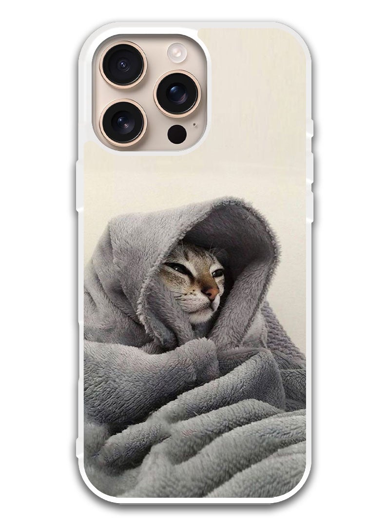 Theodor Protective Case Cover For APPLE IPHONE 16 Pro Cat in Blanket (White Bumper) - Image 1