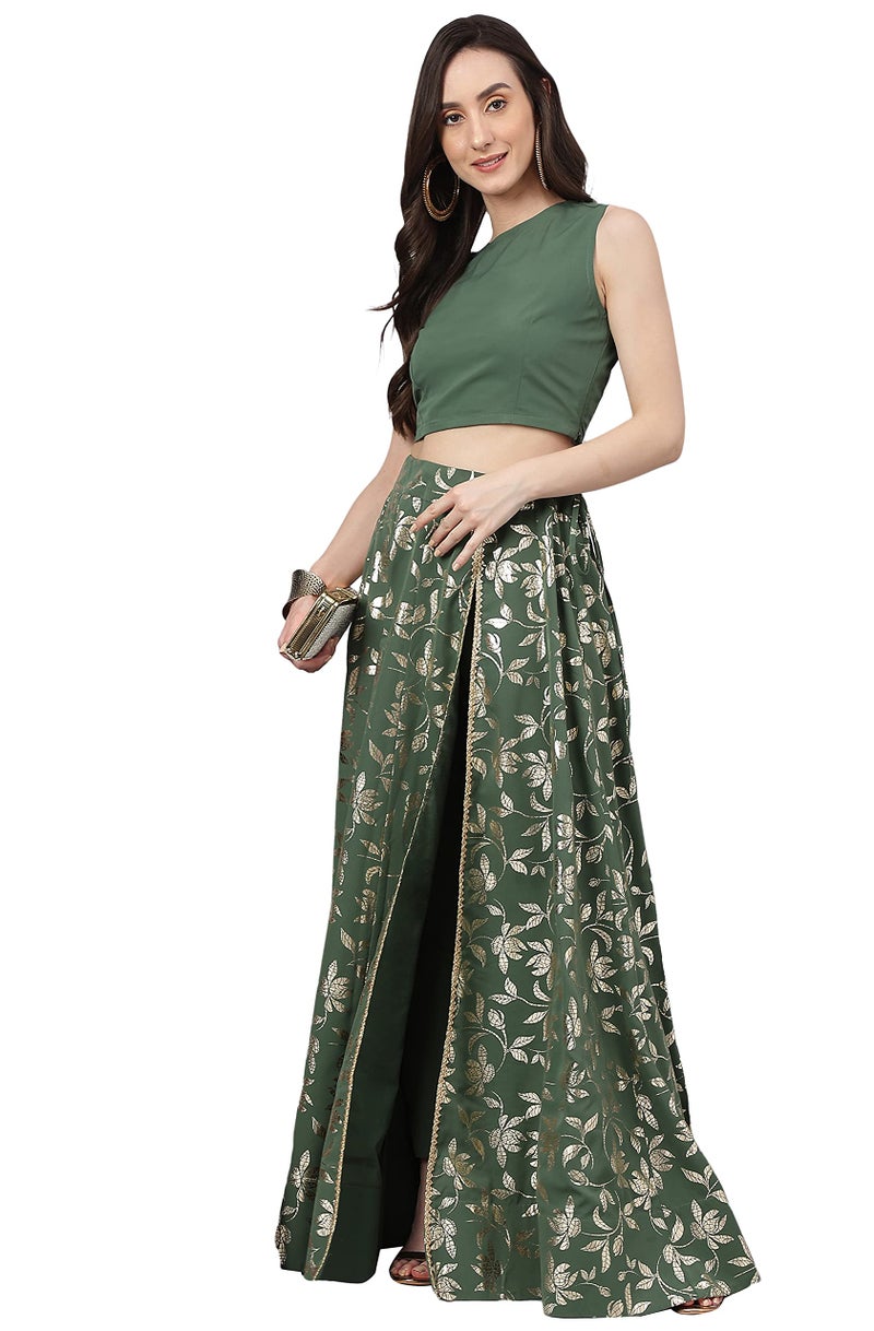 Janasya Women's Olive Green Crepe Lehenga Choli with Pant(SET576-LCP-S) - Image 2