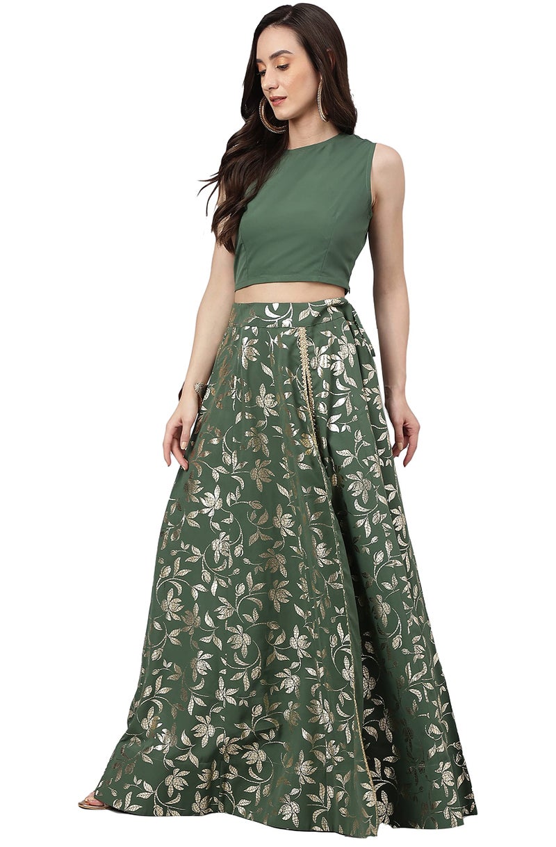 Janasya Women's Olive Green Crepe Lehenga Choli with Pant(SET576-LCP-S) - Image 4