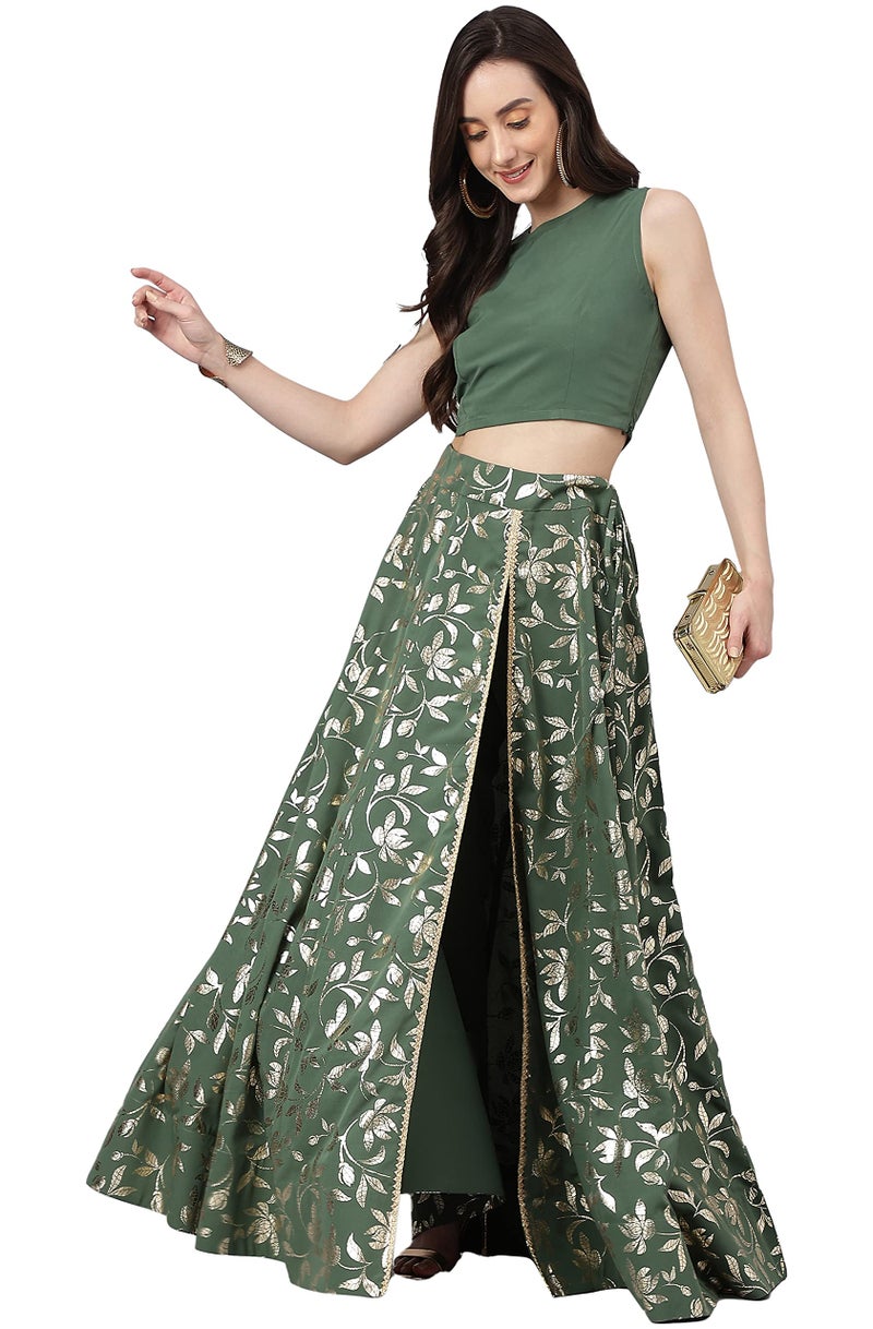 Janasya Women's Olive Green Crepe Lehenga Choli with Pant(SET576-LCP-S) - Image 1