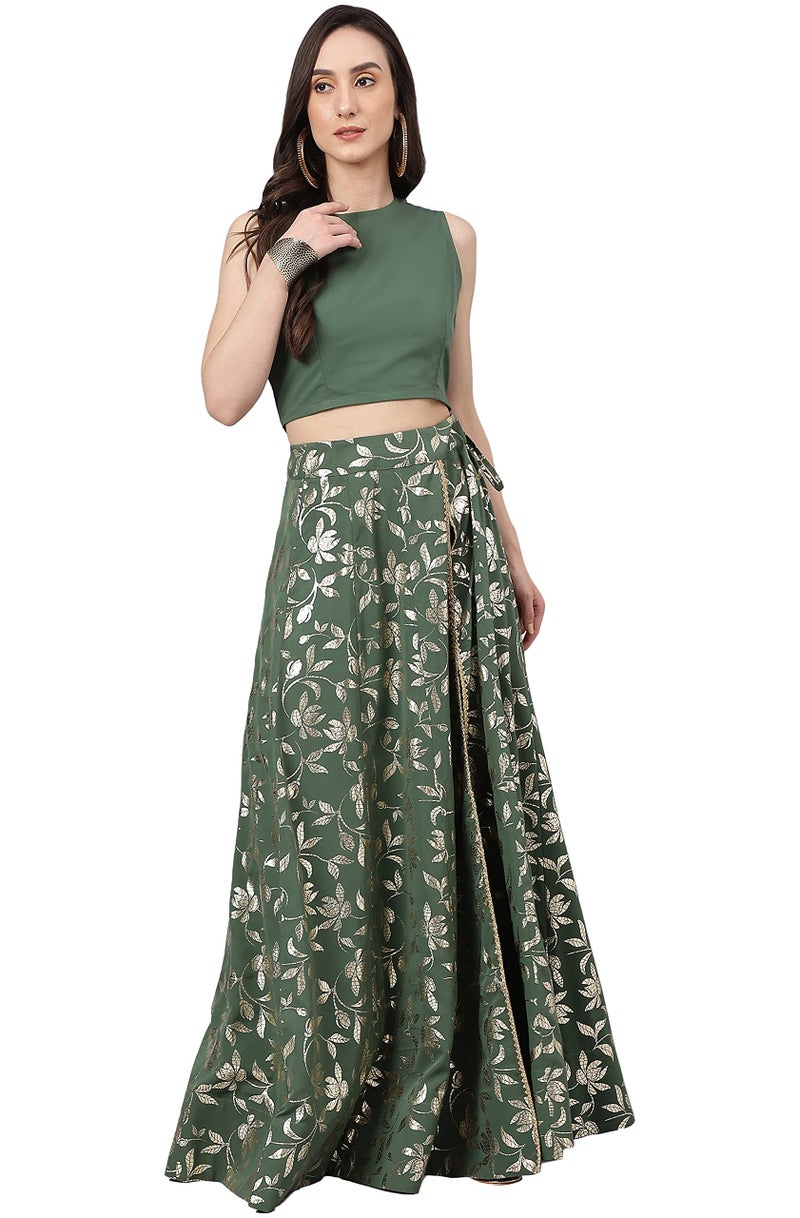 Janasya Women's Olive Green Crepe Lehenga Choli with Pant(SET576-LCP-S) - Image 3
