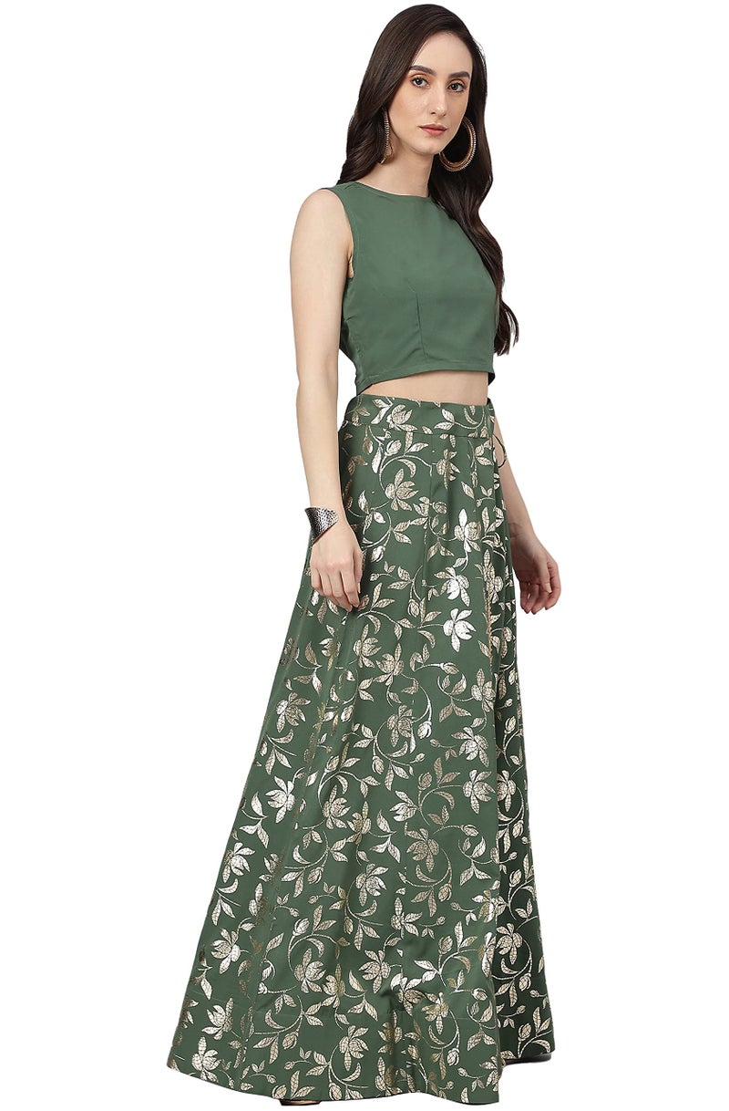 Janasya Women's Olive Green Crepe Lehenga Choli with Pant(SET576-LCP-S) - Image 5