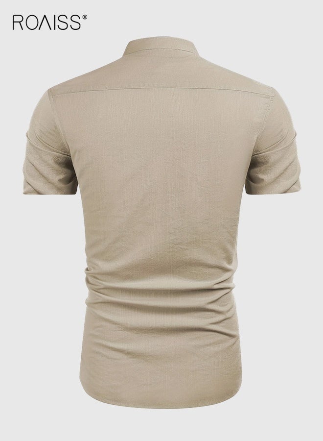 roaiss Linen Blend Short Sleeve Shirt for Men Relaxed Fit Stand Collar Button Up for Summer Casual Wear Men's Breathable Natural Fabric Beach Vacation - Image 3