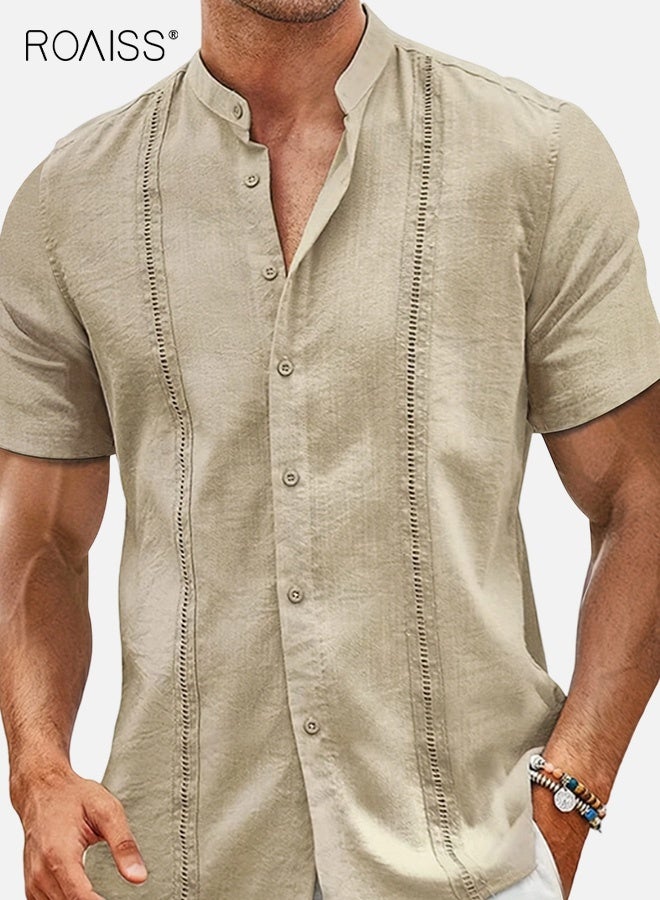 roaiss Linen Blend Short Sleeve Shirt for Men Relaxed Fit Stand Collar Button Up for Summer Casual Wear Men's Breathable Natural Fabric Beach Vacation - Image 2