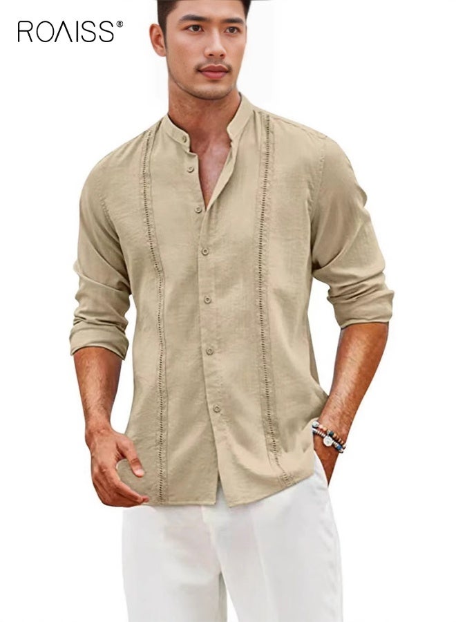 roaiss Linen Blend Short Sleeve Shirt for Men Relaxed Fit Stand Collar Button Up for Summer Casual Wear Men's Breathable Natural Fabric Beach Vacation - Image 5