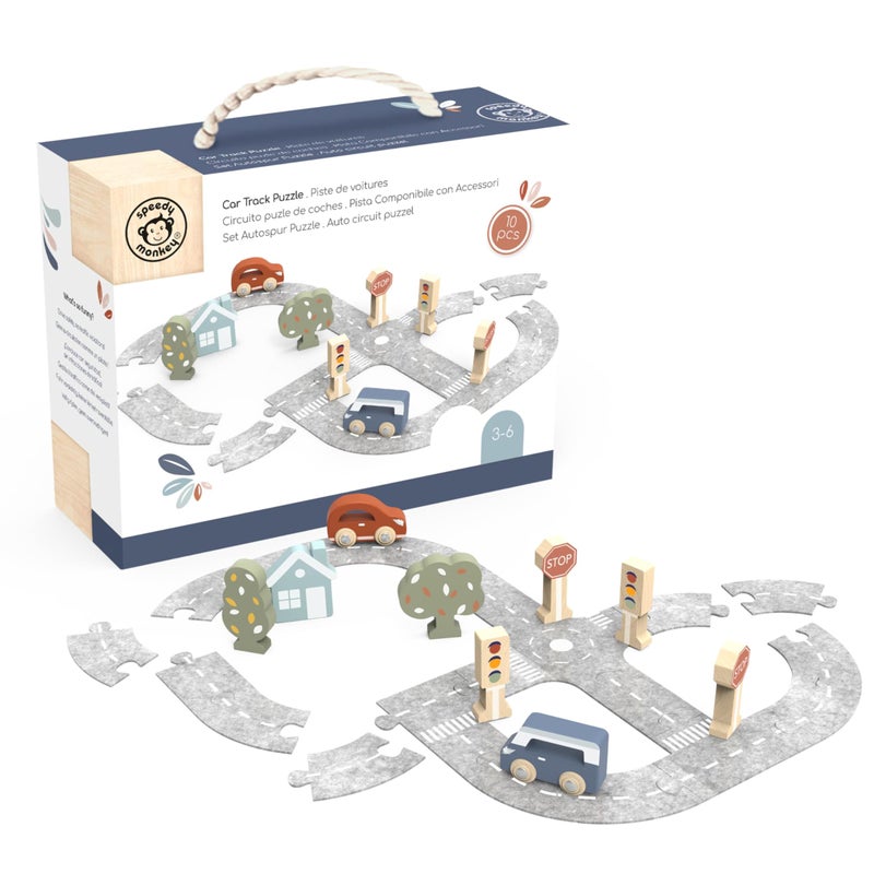 SPEEDY MONKEY Wooden Car Track Set Road Puzzle Toy with Interlocking Track Pieces and Toy Car Play for Boys Girls FSC Certified Fun Wheels Route Puzzle Game for Toddlers Kids - Image 3