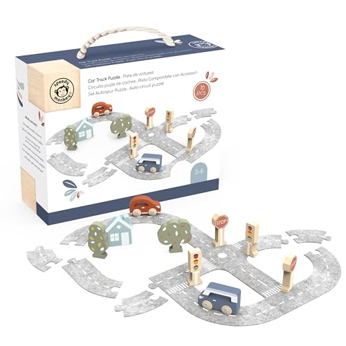 SPEEDY MONKEY Wooden Car Track Set Road Puzzle Toy with Interlocking Track Pieces and Toy Car Play for Boys Girls FSC Certified Fun Wheels Route Puzzle Game for Toddlers Kids - Image 1