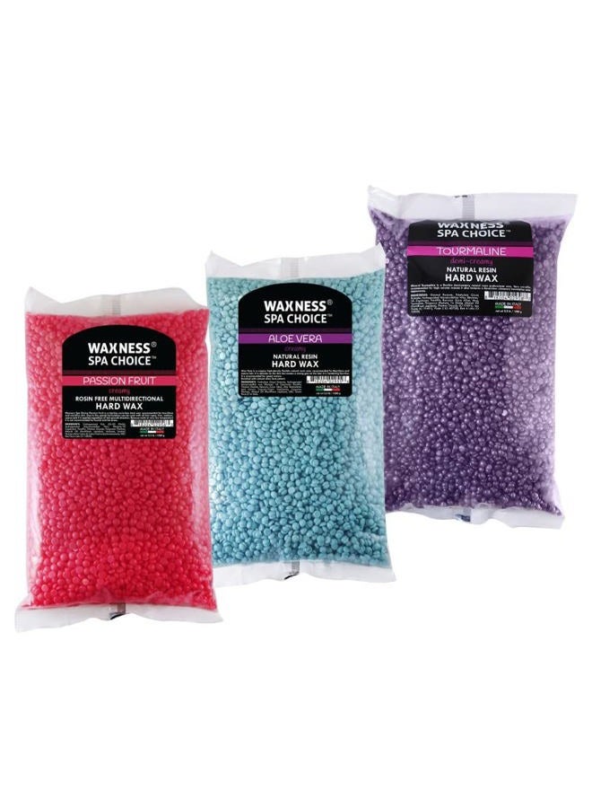 Waxness Spa Choice Assorted Hard Wax Beads 2.2 lb / 1 kg Pack of 3 - Tourmaline, Aloe Vera, Passion Fruit  - Image 1
