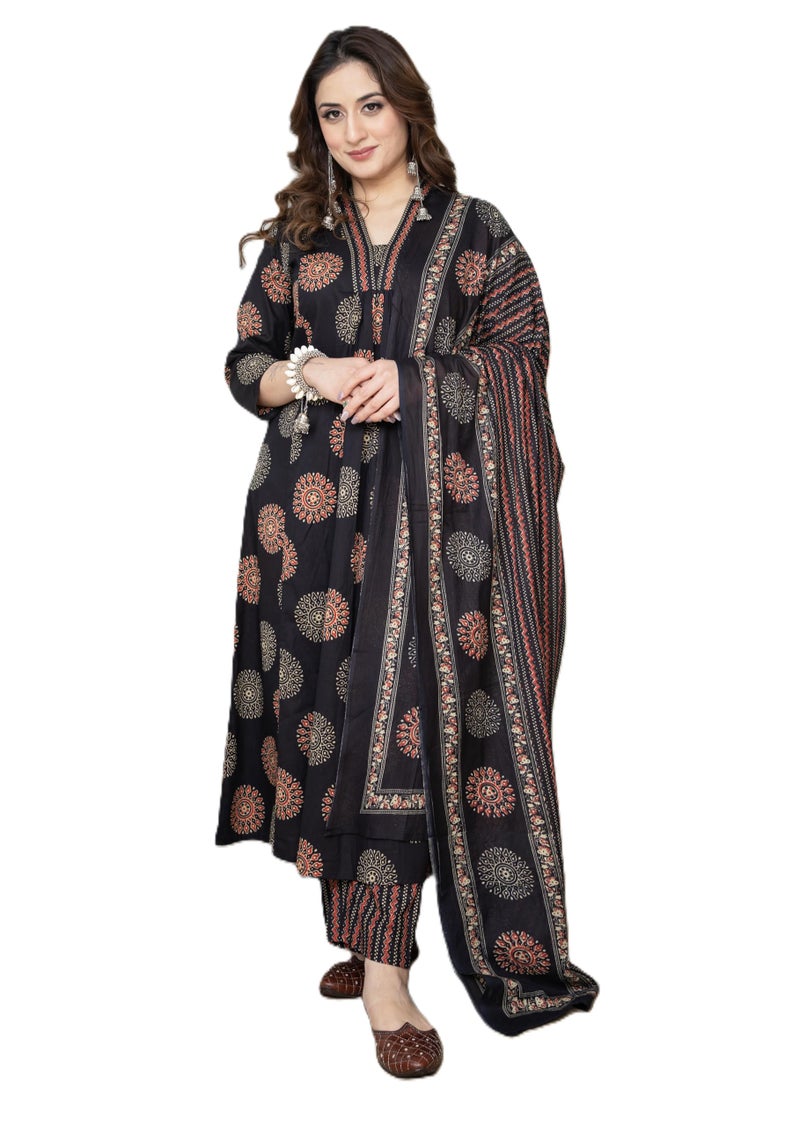 Arayna Women's Pure Cotton Intricate Block Printed Ethnic Wear Kurta Set with Palazzo & Dupatta, Midnight Black, Large - Image 1