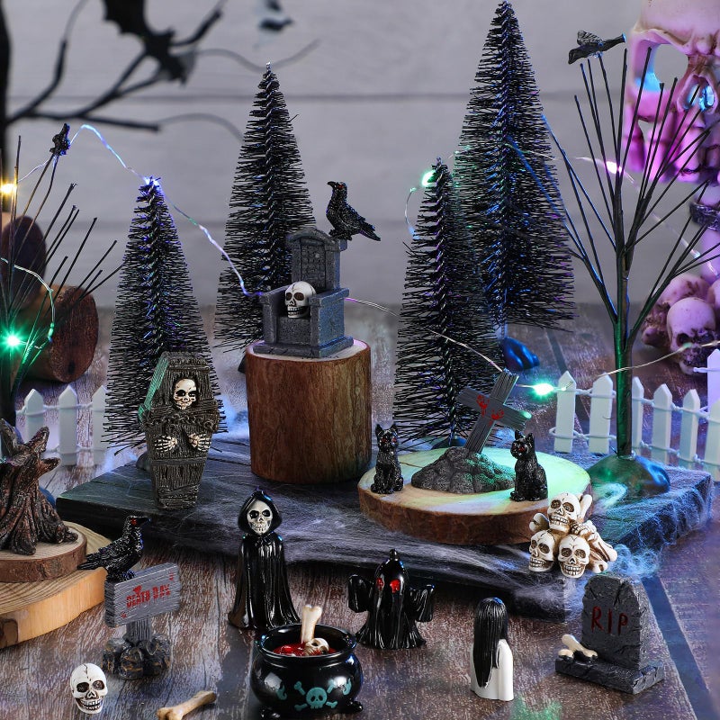 Liliful 32 Pcs Halloween Village Miniature Town Accessories Set Halloween Figurines Spooky Bare Branches Tombstones Skeleton Skulls Resin Horror Village Collections for Party Town Decorations - Image 2