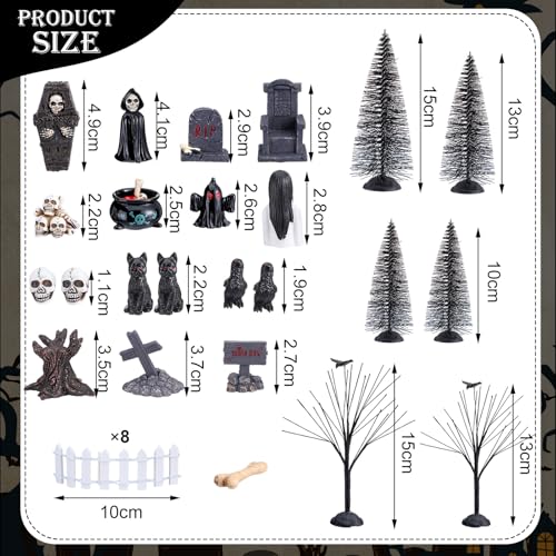 Liliful 32 Pcs Halloween Village Miniature Town Accessories Set Halloween Figurines Spooky Bare Branches Tombstones Skeleton Skulls Resin Horror Village Collections for Party Town Decorations - Image 3