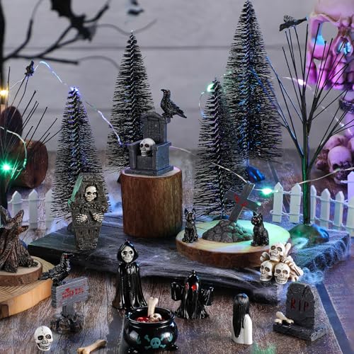 Liliful 32 Pcs Halloween Village Miniature Town Accessories Set Halloween Figurines Spooky Bare Branches Tombstones Skeleton Skulls Resin Horror Village Collections for Party Town Decorations - Image 1