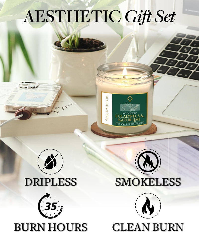 ThinkArtDecor Soy Wax Scented Candles for Home Decoration, Burn Time 35-40 Hrs, Luxury Fragrance Candles for Gifting, Aesthetic Glass Jar Aroma Therapy Candle (Eucalyptus & Kaffir Lime) - Image 3